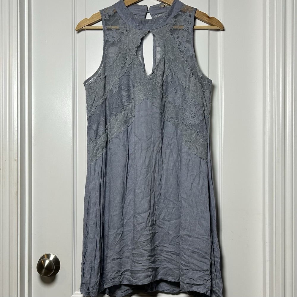 Altar'd State Dusty Blue Crinkle Lace Panel Front Keyhole Flowy Mini Shift Dress